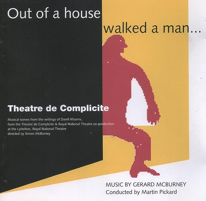 The CD cover of Out of a House Walked a Man, showing an orange figure stepping out of a black door into a yellow background.