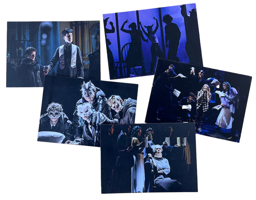 Five postcards of scenes from Drive Your plow, including shots of the cast leaning forward tensely dressed as animals and of the cast dancing, bathed in an indigo light.